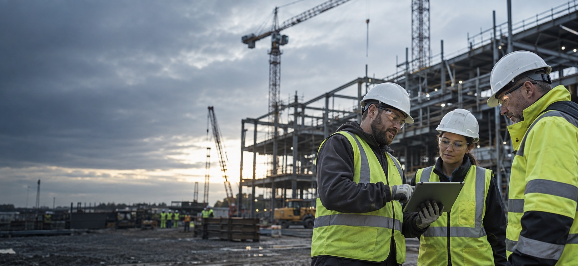 Construction workers reviewing information together at a jobsite